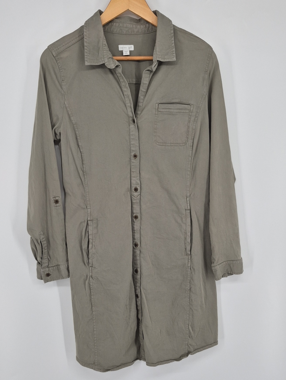 J JILL Live-In Chino Shirt Dress Long Sleeve Button Collared Green Size 8 Missy